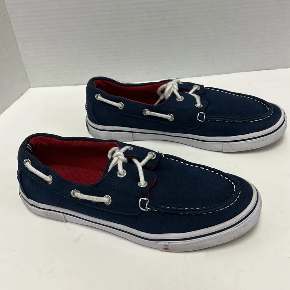 Nautica Men’s Navy Canvas Boat Shoes Red White Size 7.5